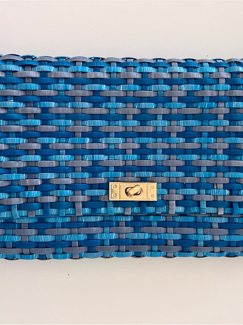 H&M Women’s Blue Gray Woven Clutch Bag Gold Clasp, Lined, Inner Zipped Pocket